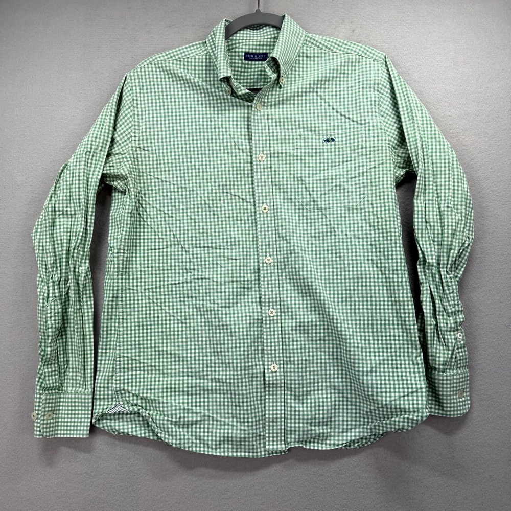 Fish Hippie Casual Shirt Men Medium White Green Gingham Tailored Fit Oxford